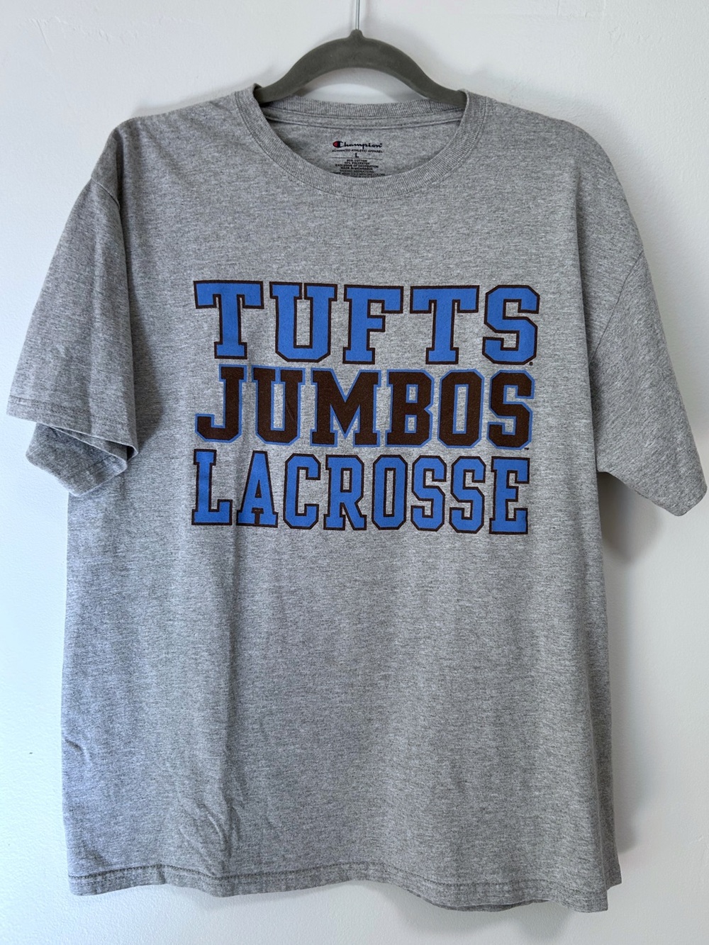 Tufts University Lacrosse Jumbos T-Shirt Champion Size Men’s Large Gray Blue